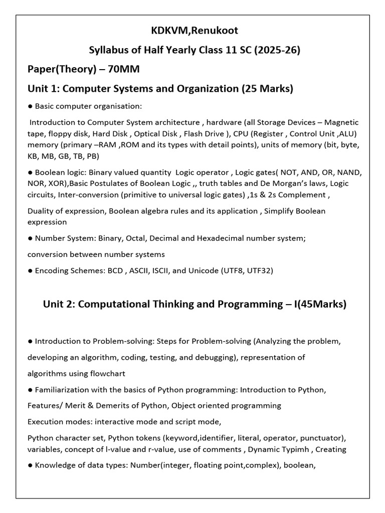 Class 11 CS Half Yearly Syllabus | PDF | Bit | Computer Data Storage