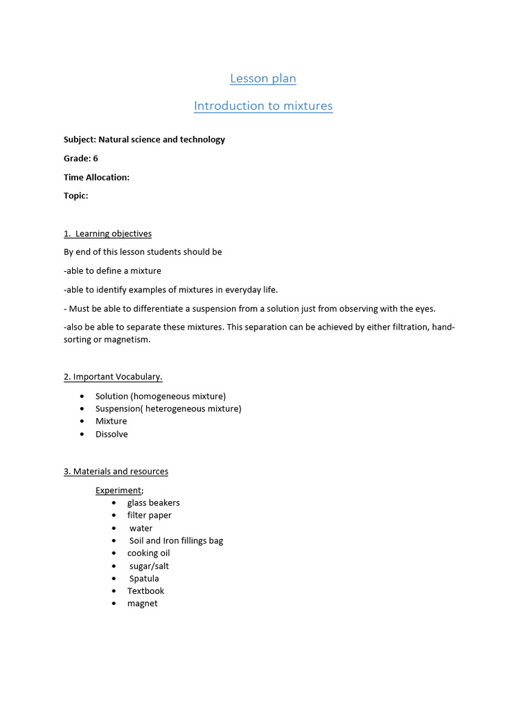 Mixtures Lesson Plan for Grade 6 | PDF | Mixture | Water