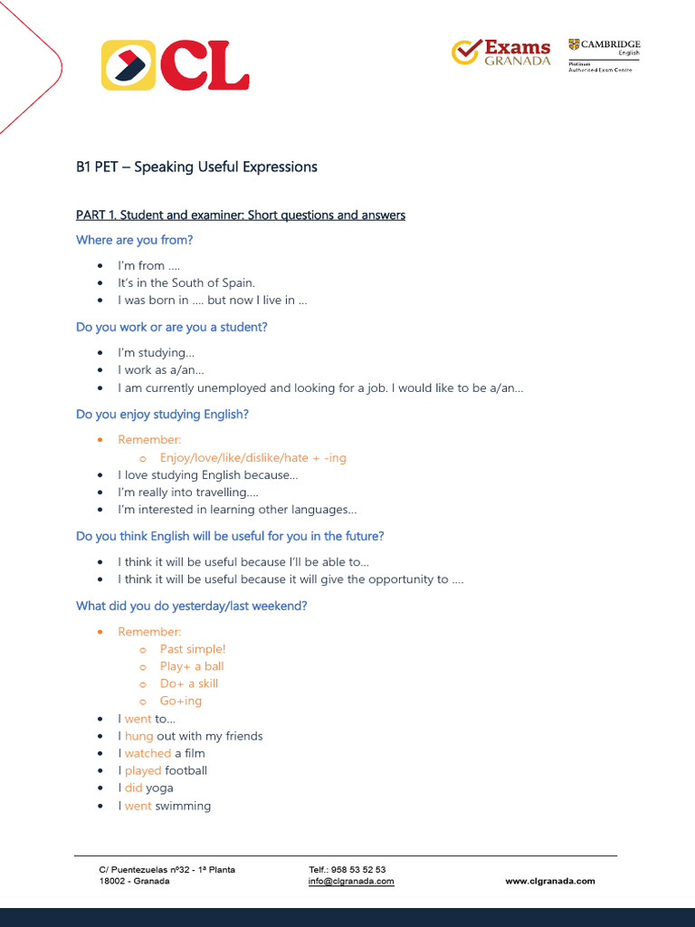 B1 PET Speaking Expressions Guide | PDF | Languages | Foreign Language ...