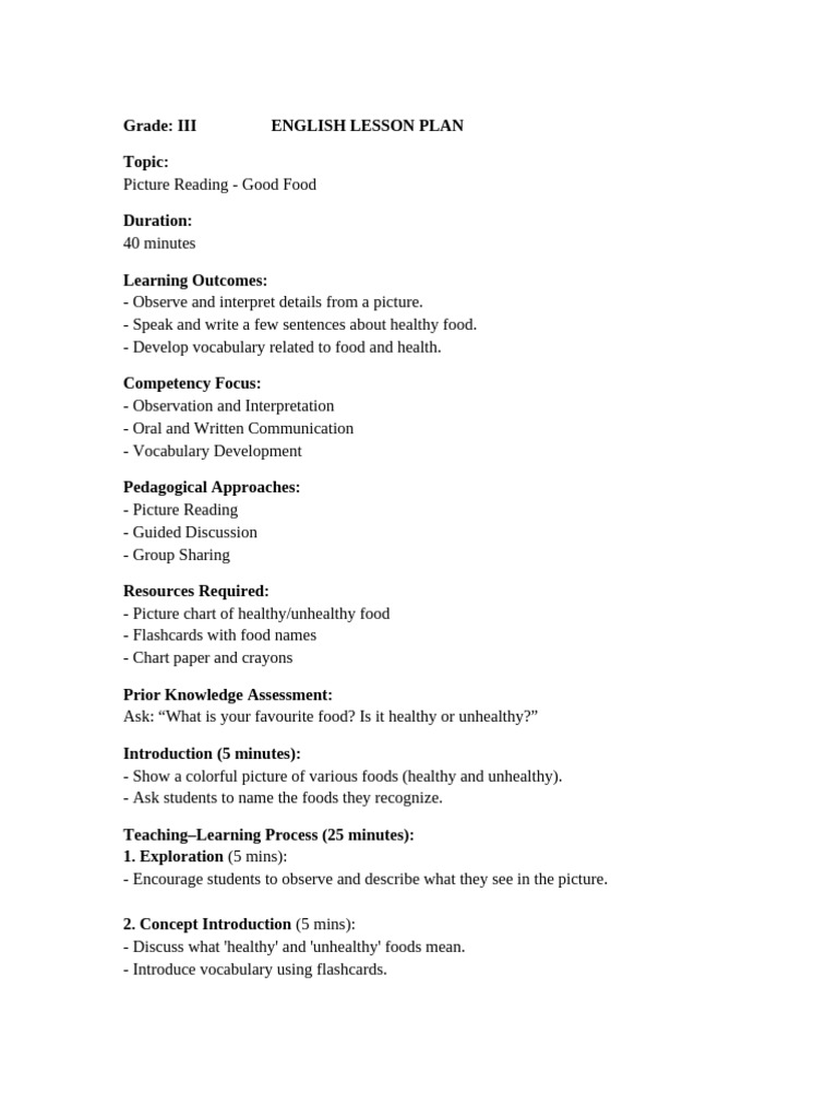 Grade 3 Term 2 English Lesson Plan Good Food Picture Reading To ...