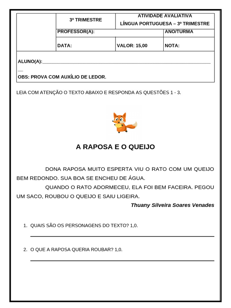 Atividade Avaliativa: Língua Portuguesa 3º Trimestre | PDF
