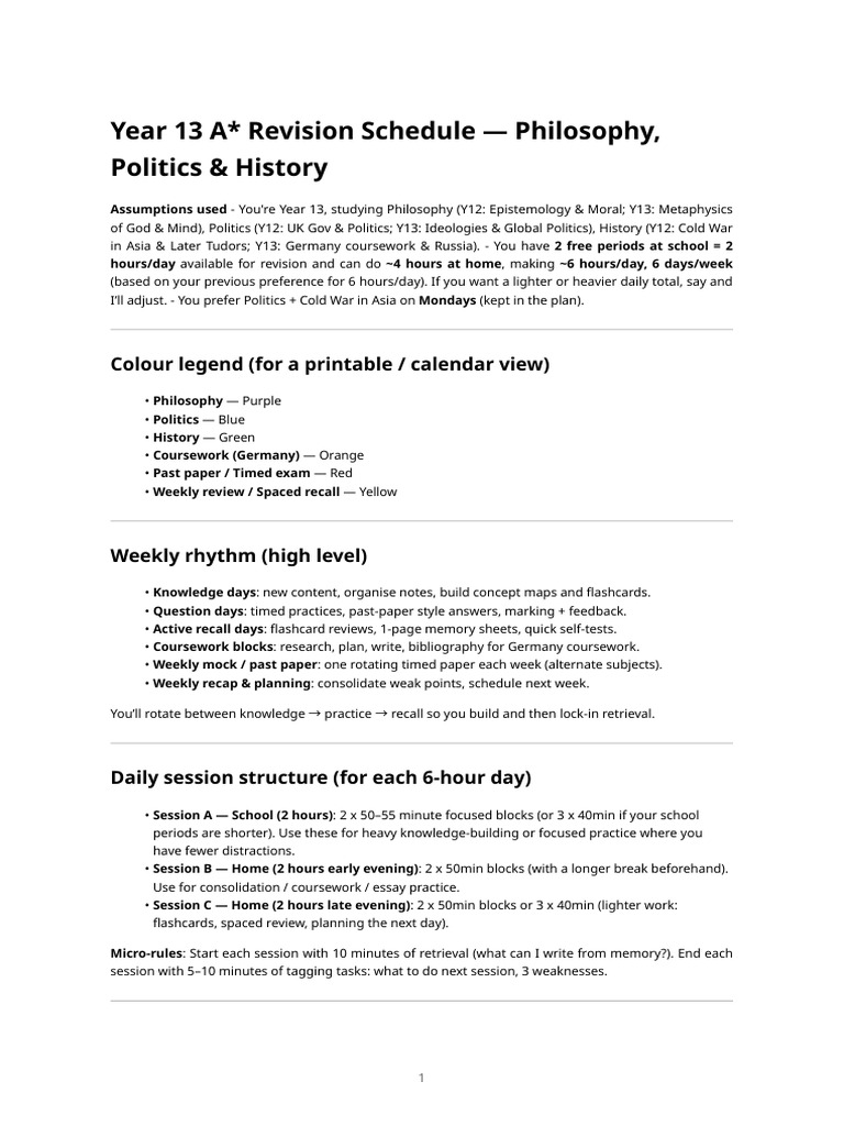 Year 13 A - Revision Schedule - Philosophy, Politics, History (Tailored ...