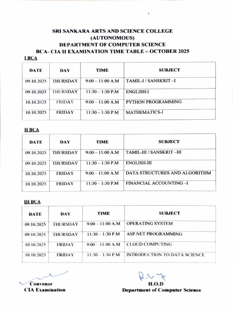 BCA October 2025 Exam Timetable | PDF