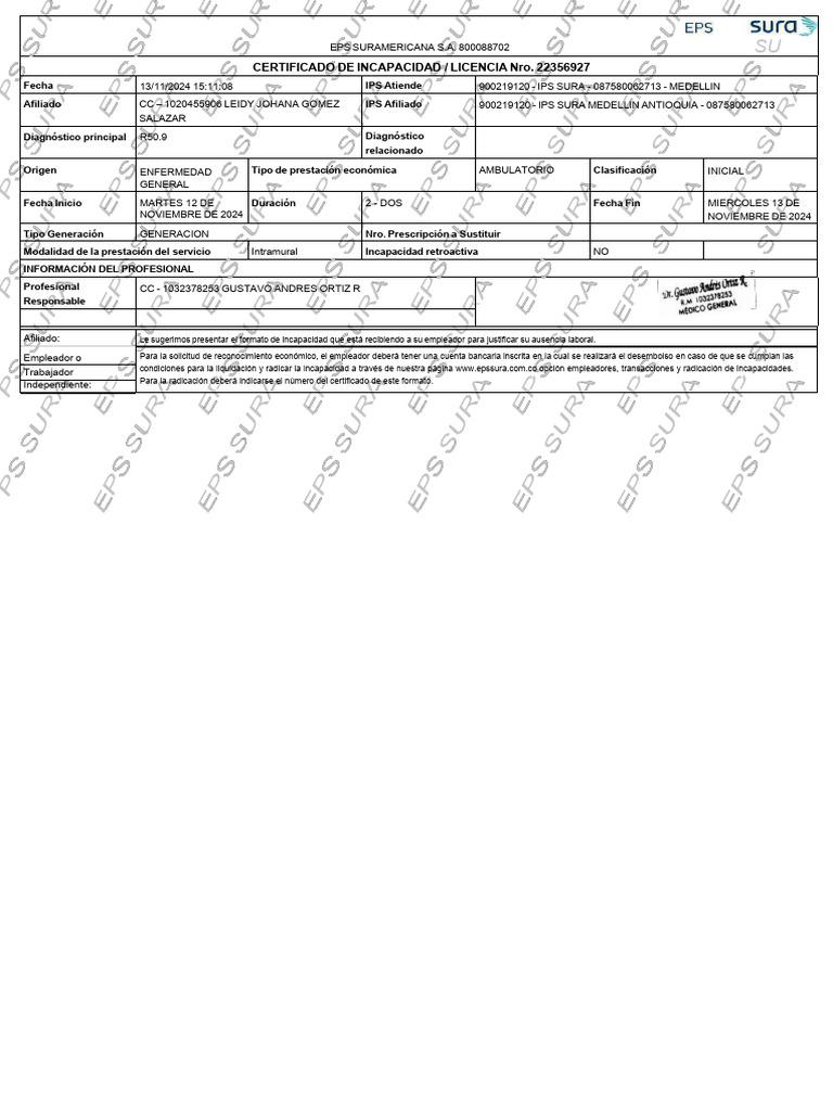 Certificado de Incapacidad EPS Sura 22356927 | PDF