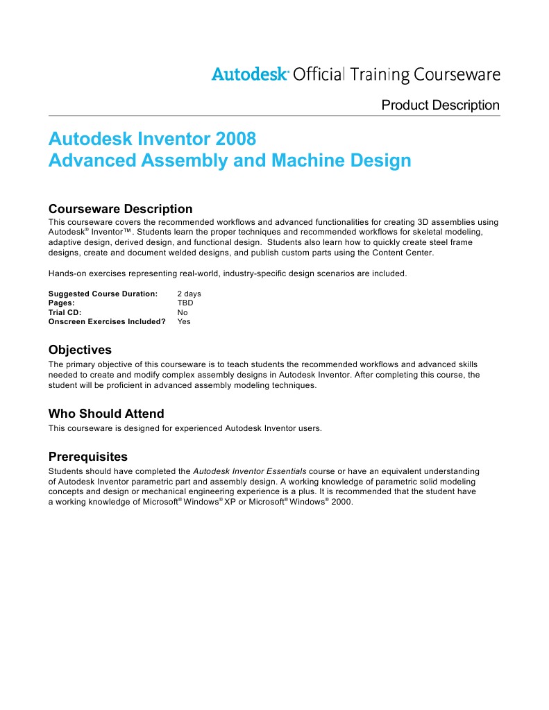 Aotc Autodesk Inventor 2008 Advanced Assembly and Machine Design Course ...