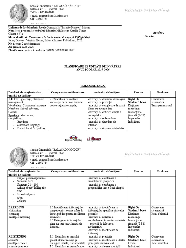 Planificare Pe Unitati de Invatare 25-26 V | PDF