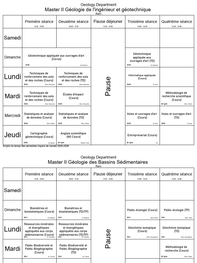 Emploi du temps 2025-2026 Géologie | PDF | Science de la nature ...