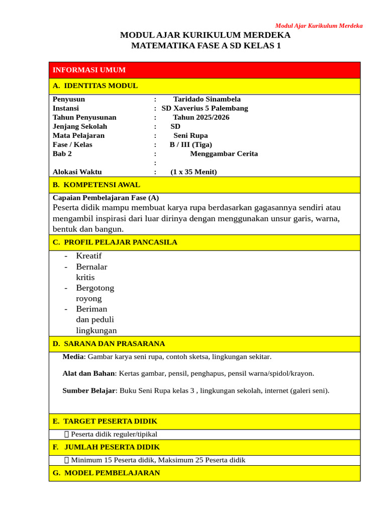 Modul Ajar Seni Rupa Kelas 1 SD | PDF