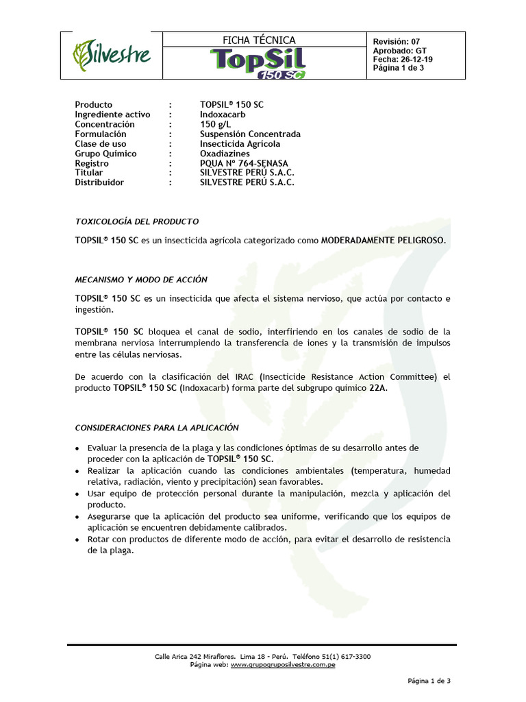 Insecticida TOPSIL® 150 SC: Ficha Técnica | PDF | Sodio