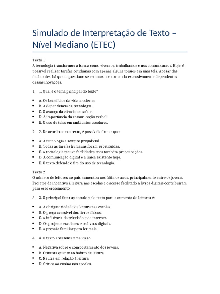 Simulado de Interpretação de Texto ETEC | PDF | Dormir | Vitamina