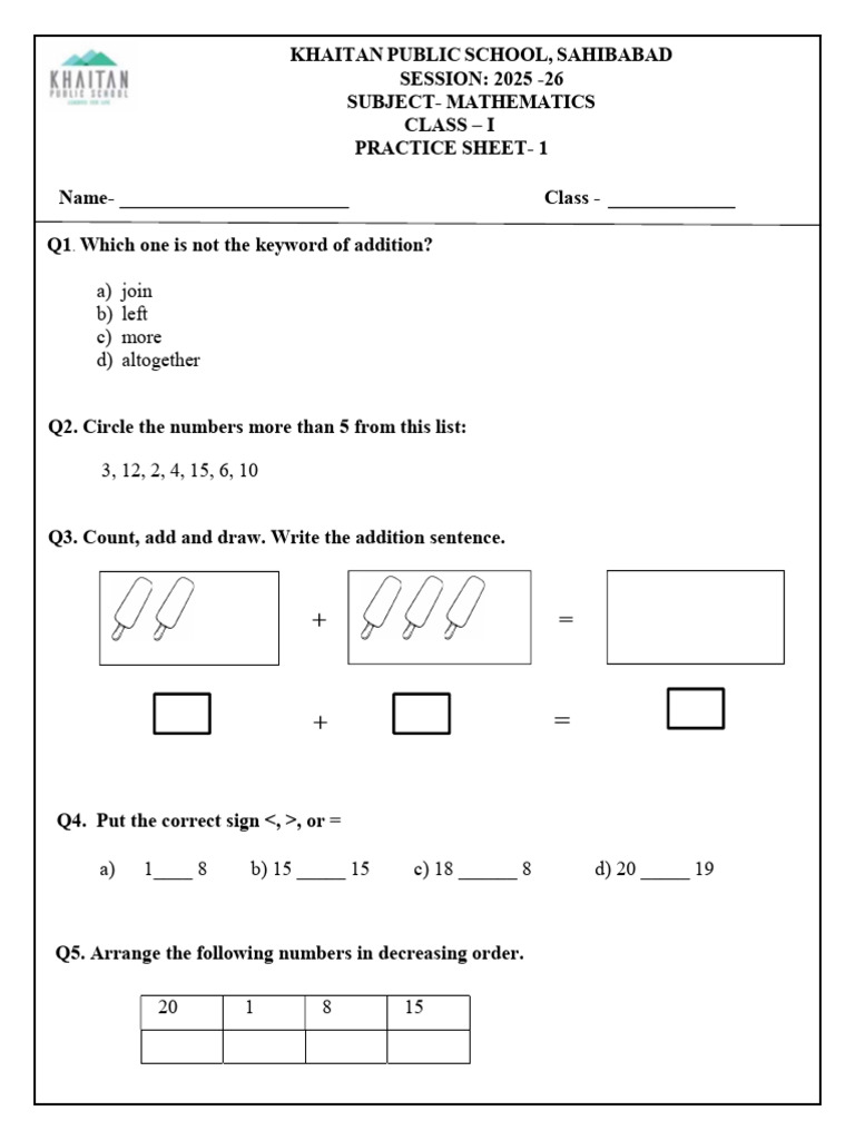 Class 1 Mathematics Practice Sheet | PDF