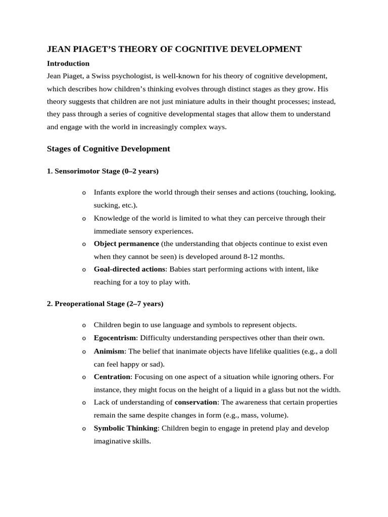 Piaget's Stages of Cognitive Development | PDF | Cognitive Development ...
