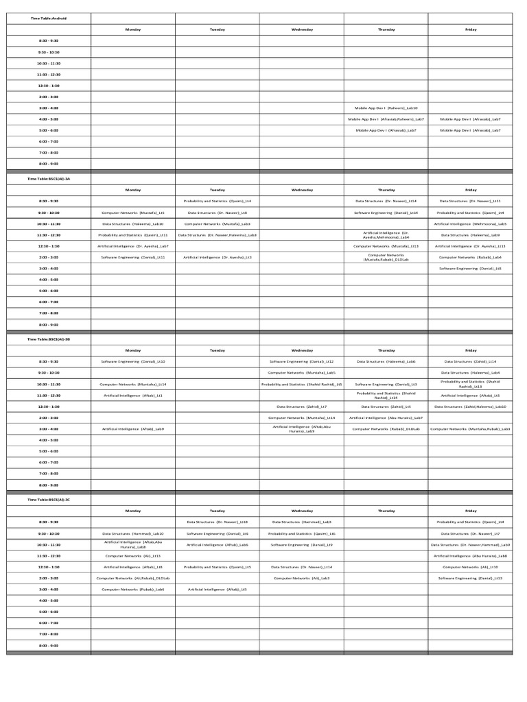 Weekly Class Schedule for BSCS(AI) | PDF | Computing | Information ...