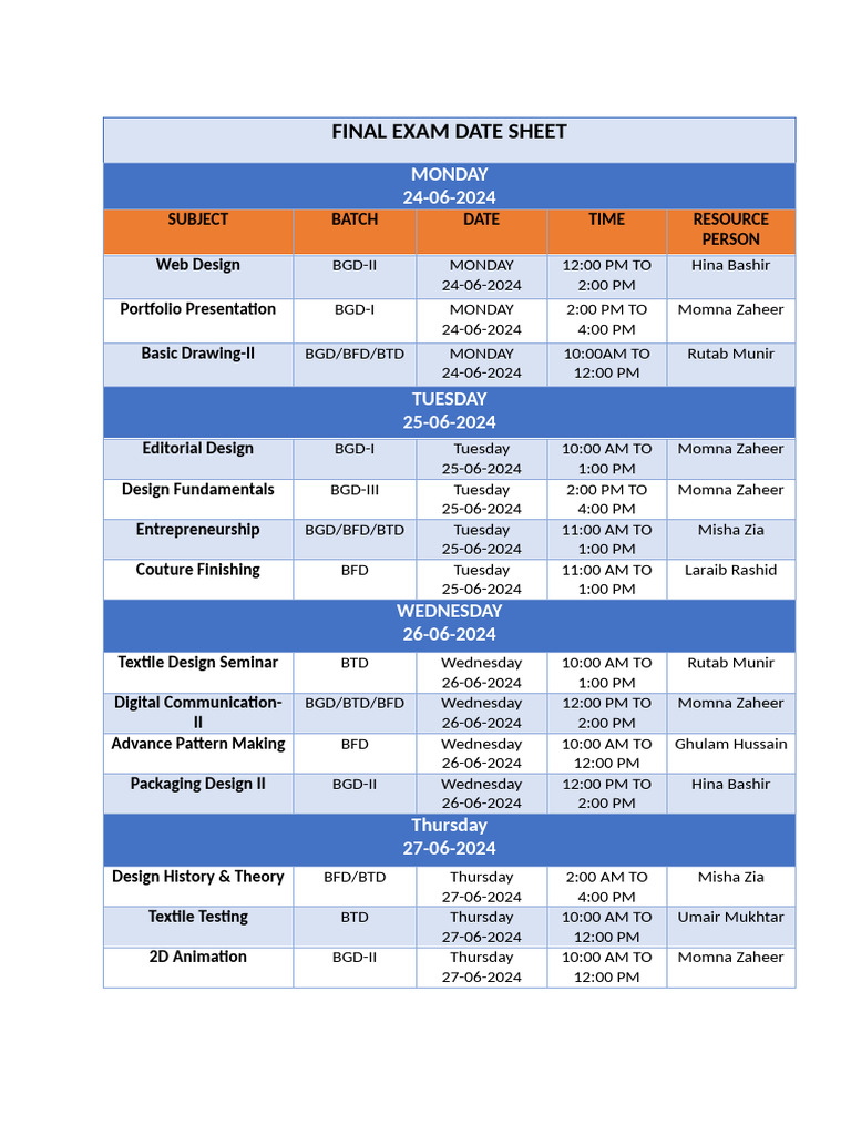 2024 Final Exam Schedule Overview | PDF | Aesthetics | Softlines (Retail)