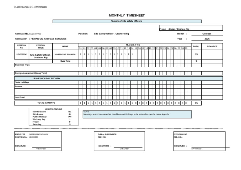 October Timesheet for Site Safety Officer | PDF | Petroleum | Petroleum ...