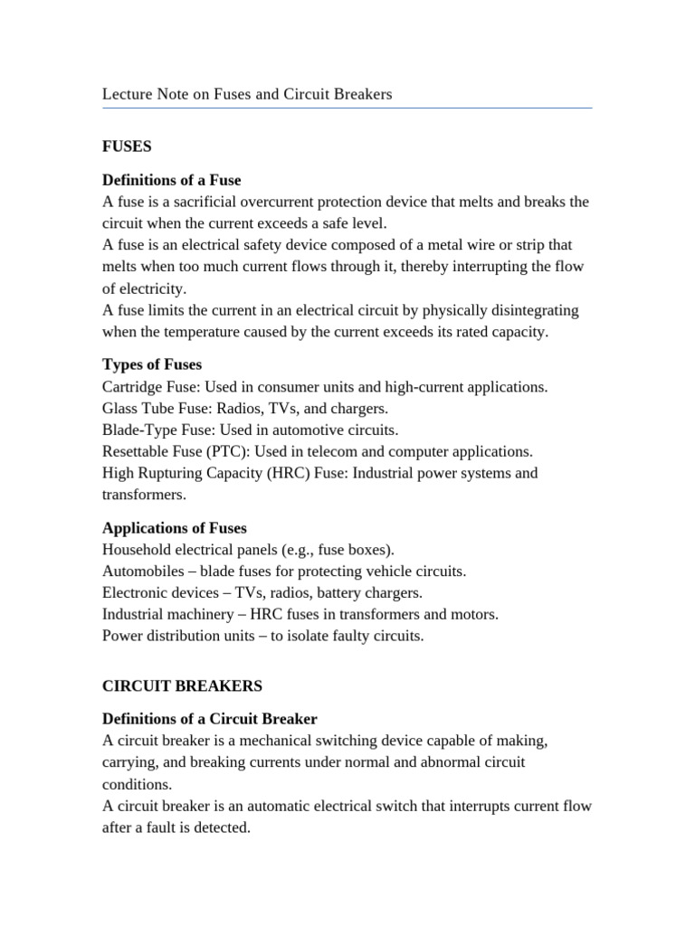 Fuses And Circuit Breakers Lecture Note Pdf Fuse Electrical