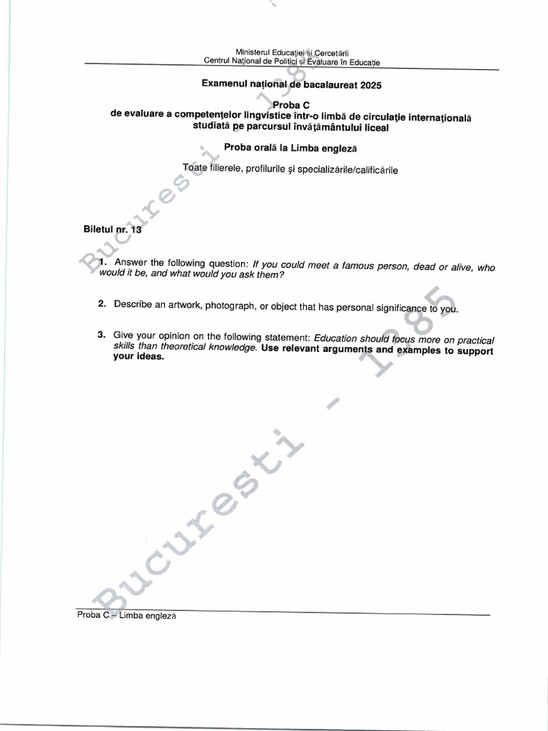 Bacalaureat Engleză 2025: Proba Orală | PDF