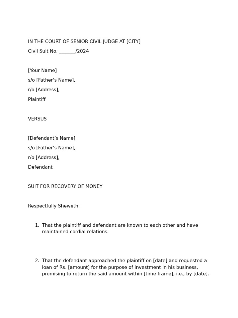 Civil Suit for Money Recovery 2024 | PDF | Lawsuit | Justice