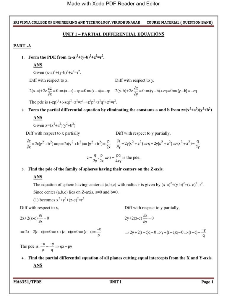 Partial Differential Equations Question Bank | PDF | Partial ...