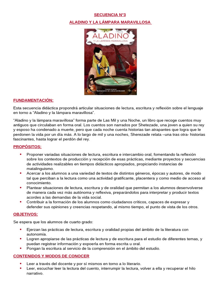 Aladino y la lámpara: Secuencia didáctica | PDF