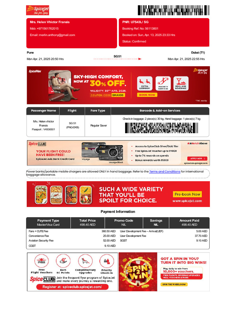 SpiceJet Flight Booking Confirmation | PDF | Credit Card