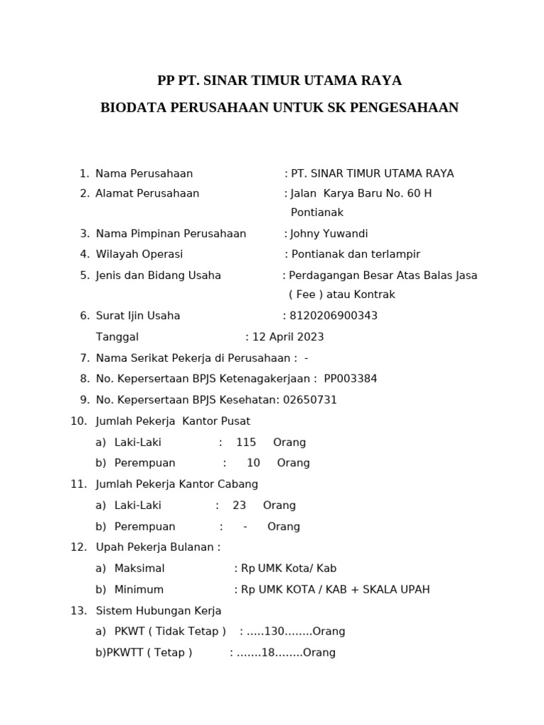 Profil PT Sinar Timur Utama Raya | PDF