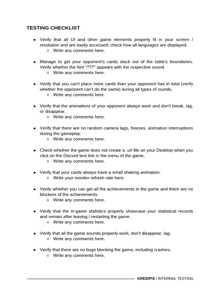 Game Testing Checklist for QA | PDF | Software | Computing