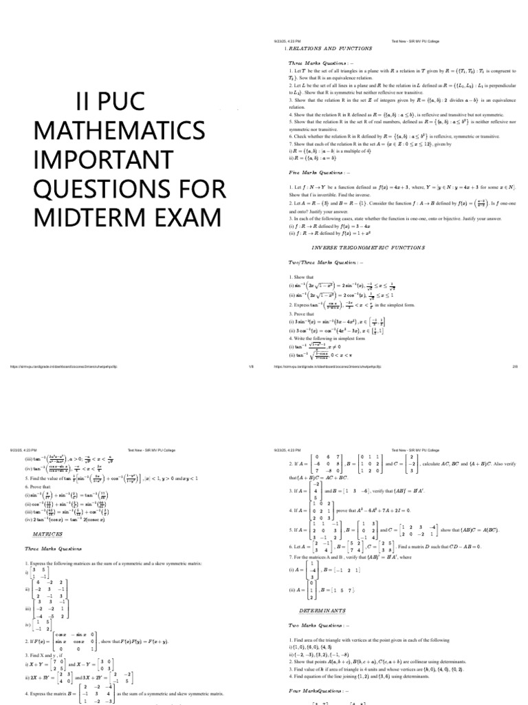 Important II PUC Mathematics Midterm Questions | PDF | Elementary ...