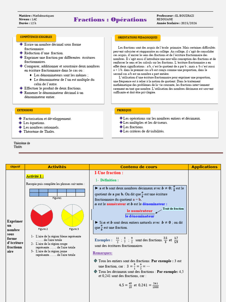Opérations sur les fractions en 1AC | PDF | Décimal | Concepts ...