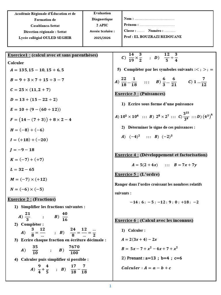 Test Diagnostique Math 2AC | PDF | Arithmétique | Géométrie euclidienne