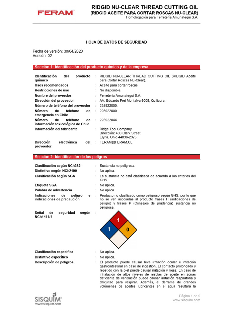 Hoja de Seguridad Aceite Ridgid | PDF | Administración de Seguridad y ...