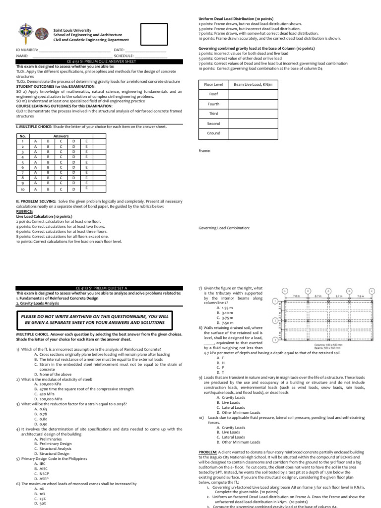 Civil Engineering Prelim Quiz Answer Sheet | PDF | Structural Load ...