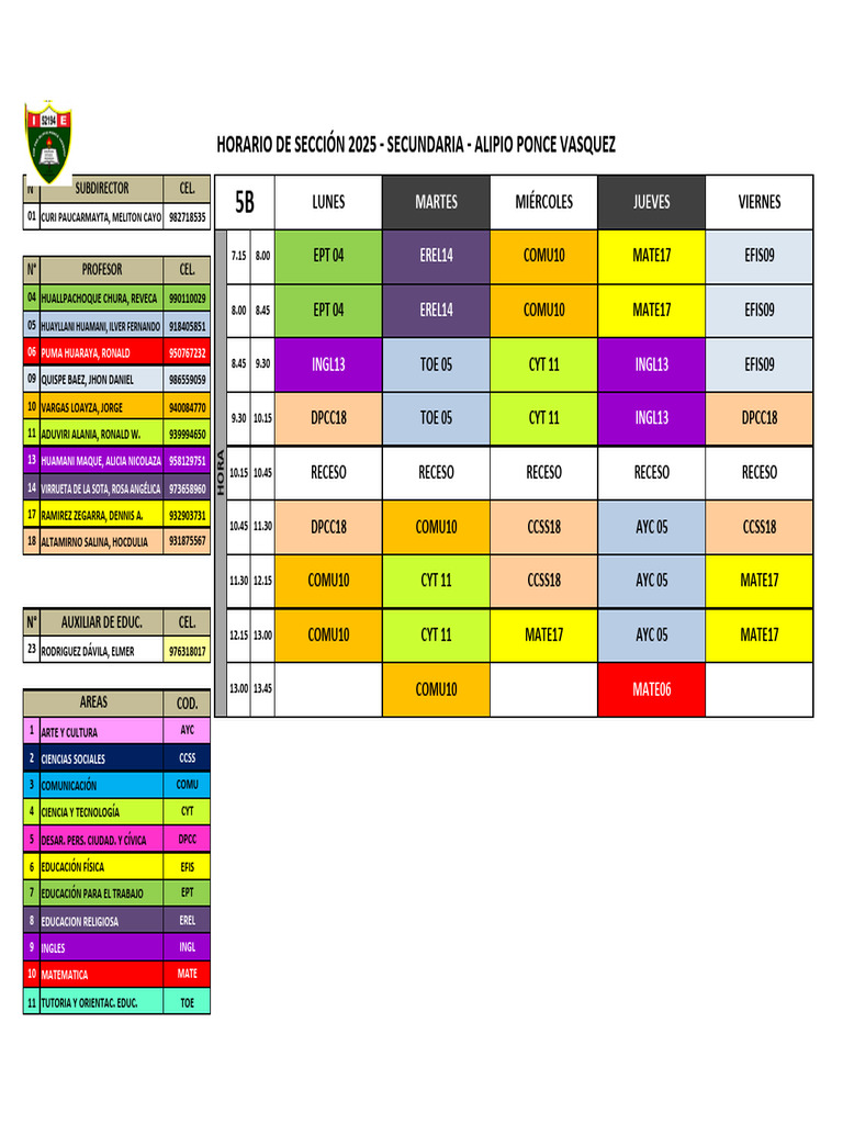 Horario Secundaria 2025 Alipio Ponce | PDF