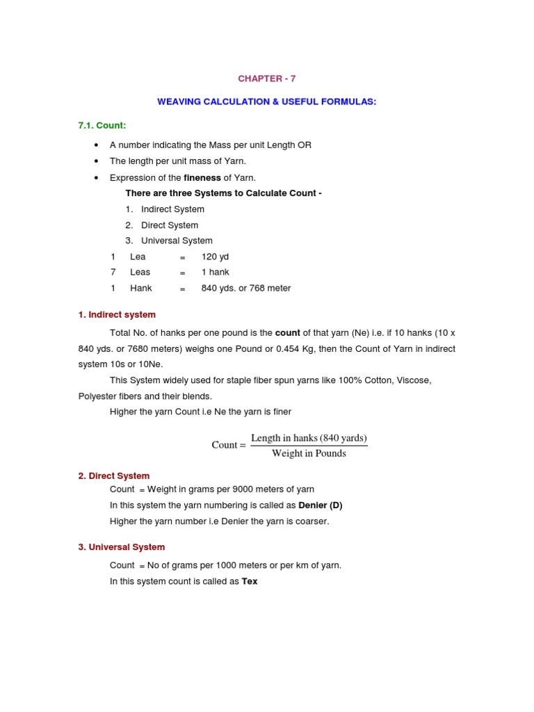 Weaving Calculations and Formulas Guide | PDF