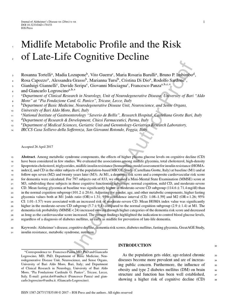 Midlife Metabolic Factors and Cognitive Decline | PDF | Cholesterol ...