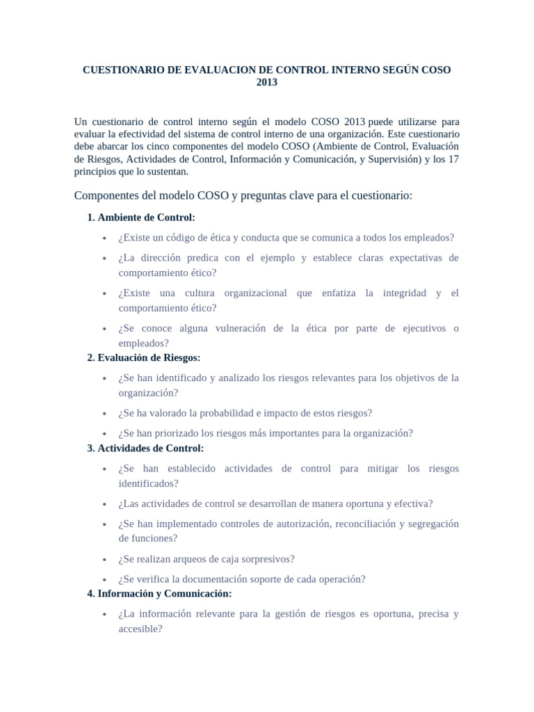 Cuestionario COSO 2013 para Control Interno | PDF | Información ...