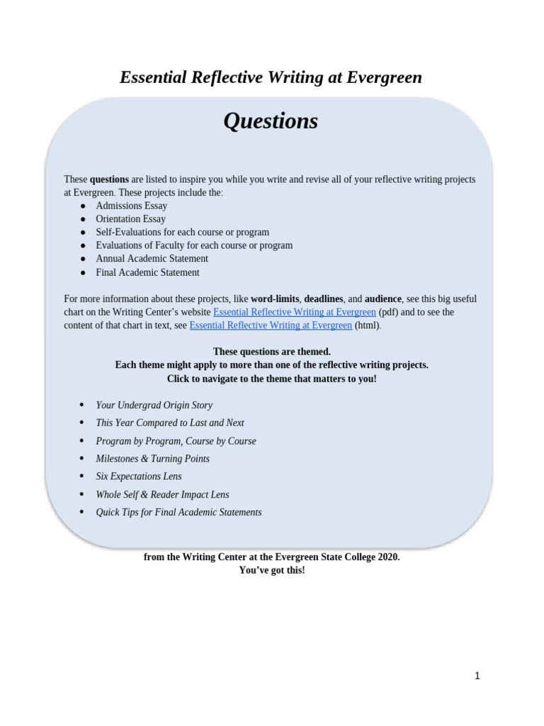 Reflective Writing Guide for Evergreen Students | PDF | Thought ...