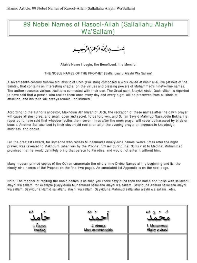 99 Nobel Names of Rasool-Allah (Sallallahu Alayhi Wa'Sallam) | PDF ...