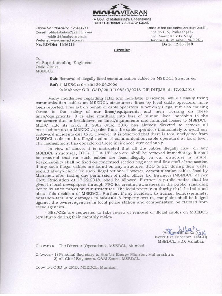 Circular Removal of Illegally Fixed Communication Cables On MSEDCL ...