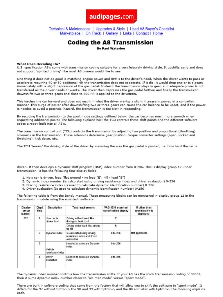 A8 Transmission Recoding Guide | PDF | Motor Vehicle | Automotive ...