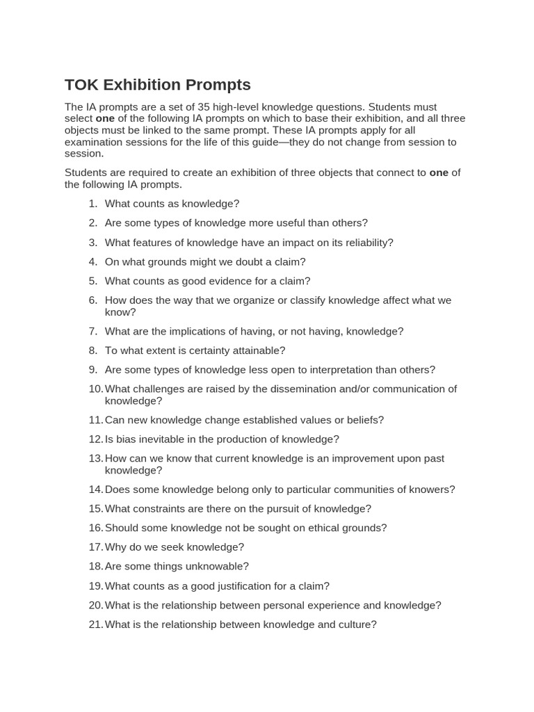 TOK Exhibition IA Prompts Guide | PDF | Knowledge | Epistemology