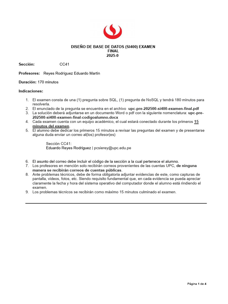 Examen Final Diseño de Base de Datos 2025 | PDF | Servidor SQL de ...