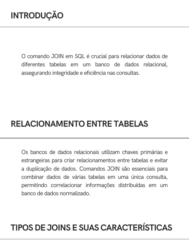 Tipos de JOINs em SQL e Desempenho | PDF