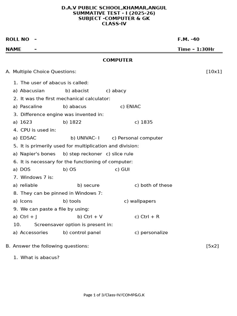 Class IV Computer & GK Test 2025-26 | PDF | Planets In Astrology | Planets