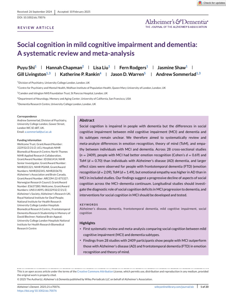 Alzheimer S Dementia - 2025 - Shi - Social Cognition in Mild Cognitive ...