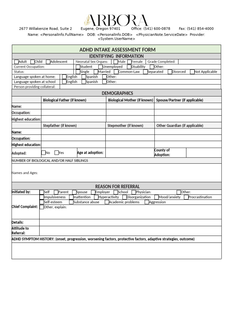 Child ADHD Intake Assessment Form | PDF | Attention Deficit ...