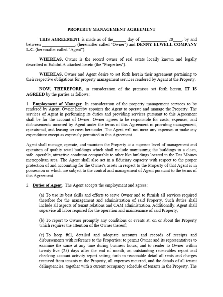 Management Agreement Template Form | PDF | Indemnity | Lease