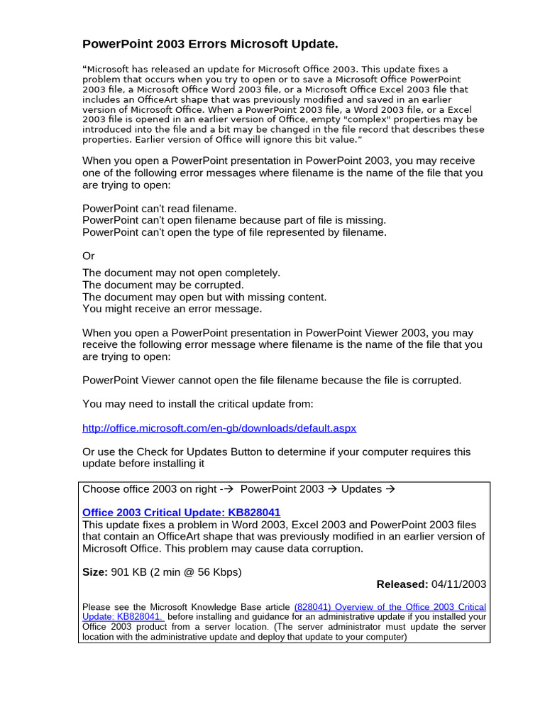 PowerPoint 2003 Update Fixes Errors | PDF | Computer File | Microsoft ...