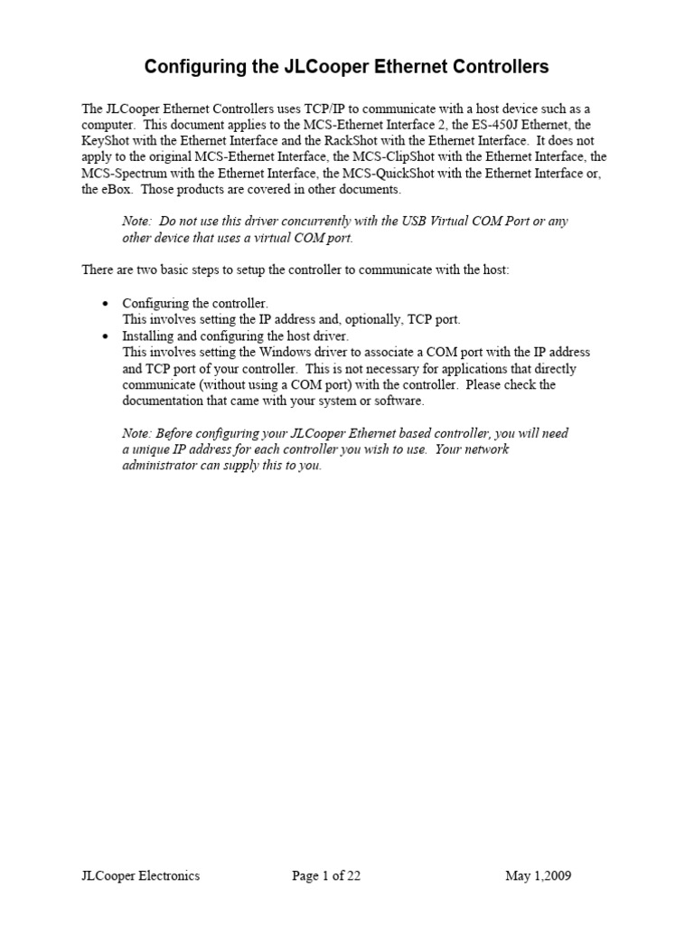 Configuring JLCooper Ethernet Controllers | PDF | Ip Address | Network ...