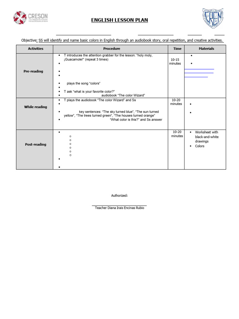 7th Semester English Lesson Plan: Colors | PDF | Learning